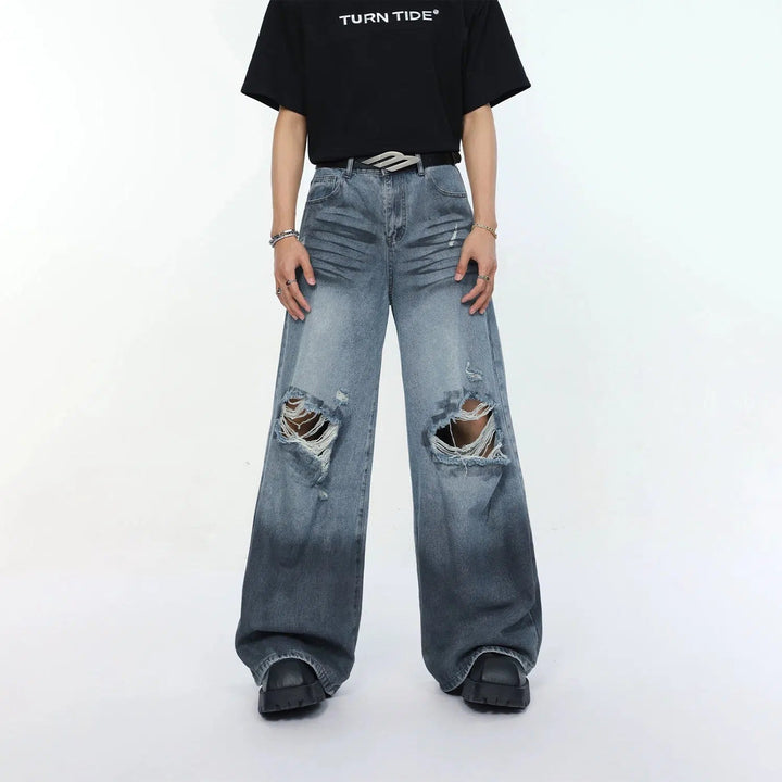 Wide-Leg Ripped Denim Jeans