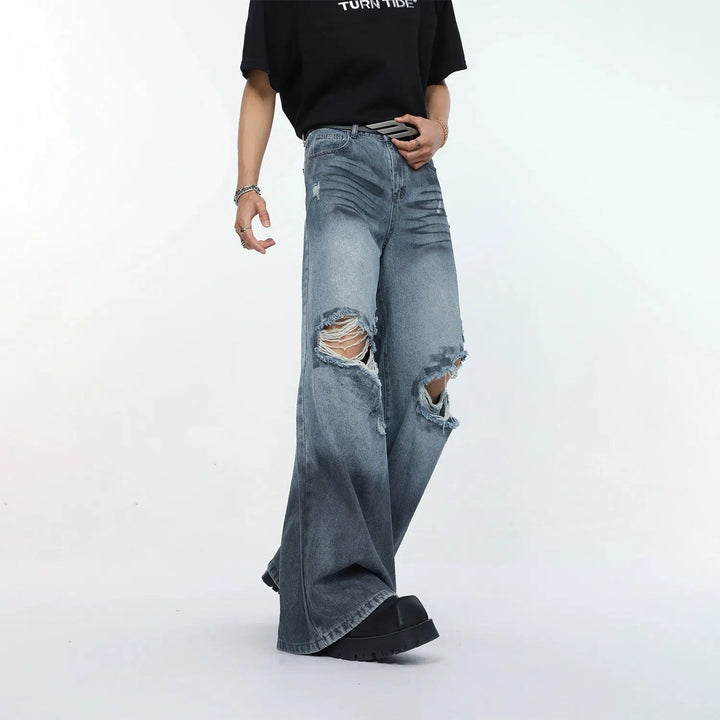 Wide-Leg Ripped Denim Jeans