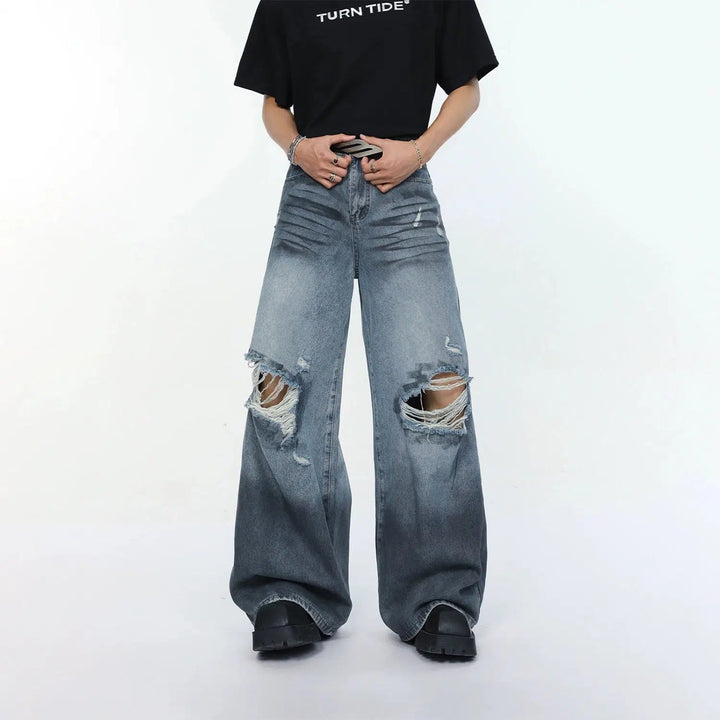 Wide-Leg Ripped Denim Jeans