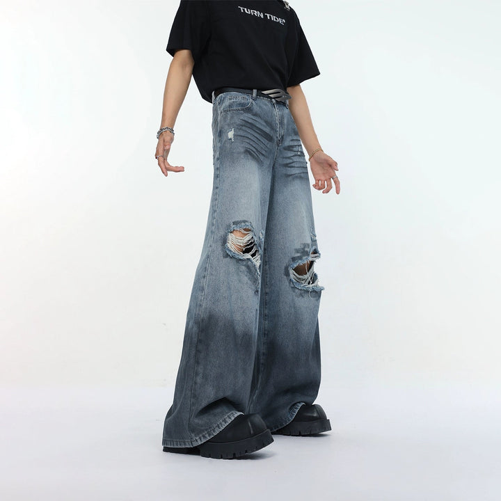 Wide-Leg Ripped Denim Jeans