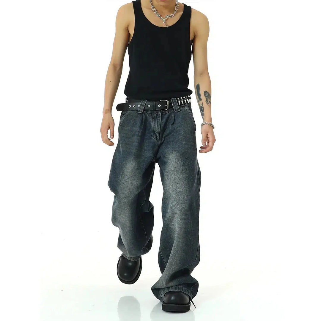 Wide-Leg Washed Denim Pants