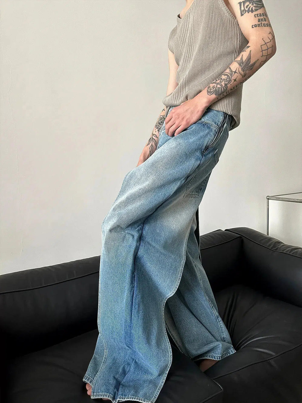 Wide-Leg Washed Reversible Jeans