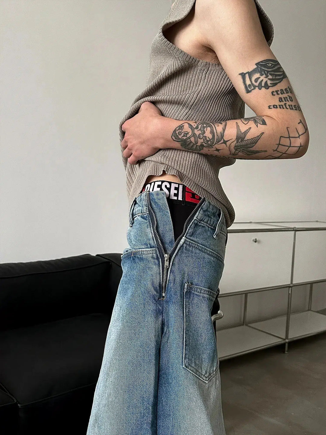 Wide-Leg Washed Reversible Jeans