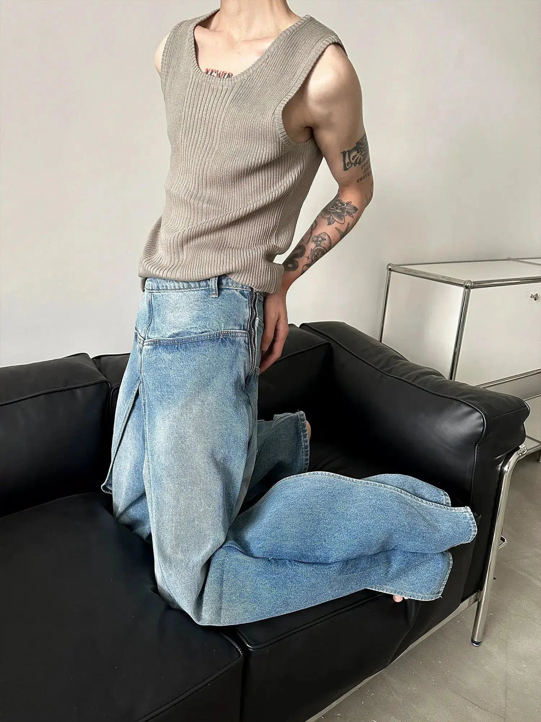 Wide-Leg Washed Reversible Jeans