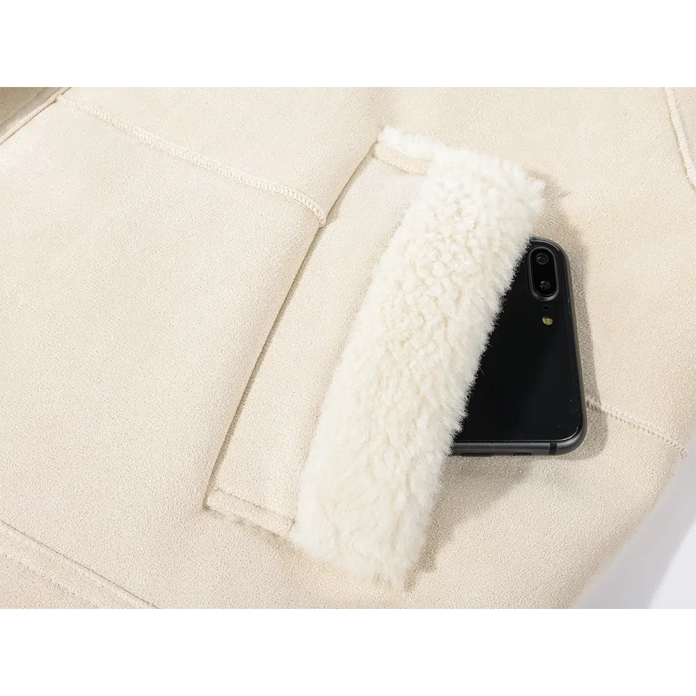Shearling Collar Pockets Wool Coat