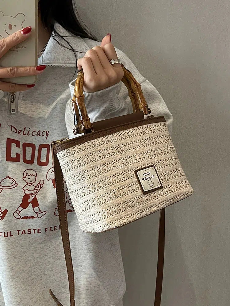 Woven Straw Bamboo Handle Bucket Bag