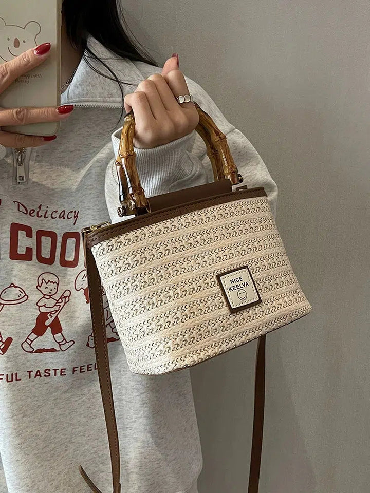 Woven Straw Bamboo Handle Bucket Bag