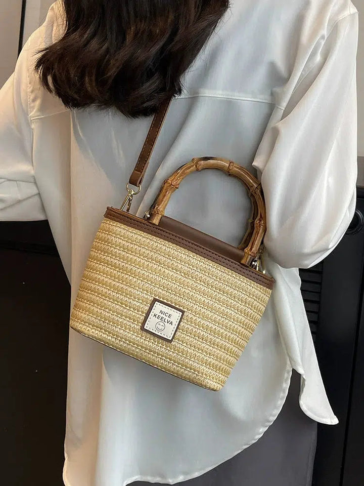 Woven Straw Bamboo Handle Bucket Bag