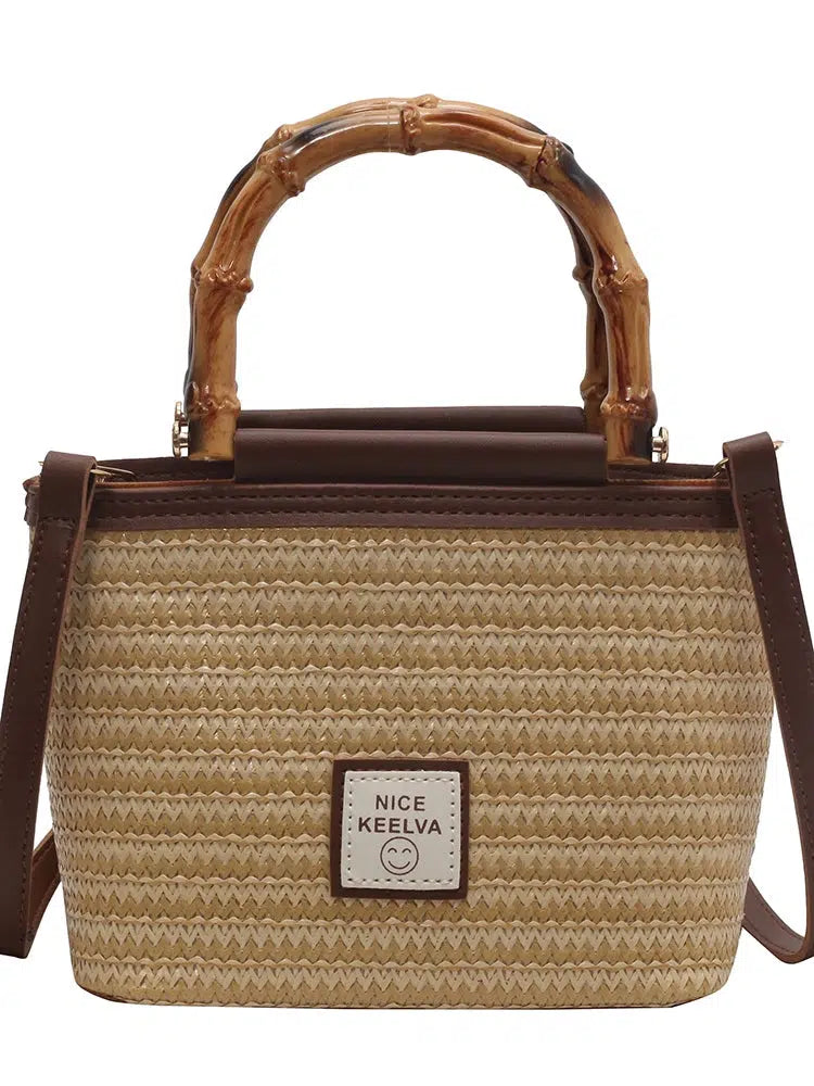 Woven Straw Bamboo Handle Bucket Bag