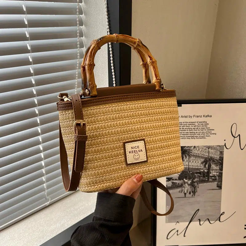 Woven Straw Bamboo Handle Bucket Bag