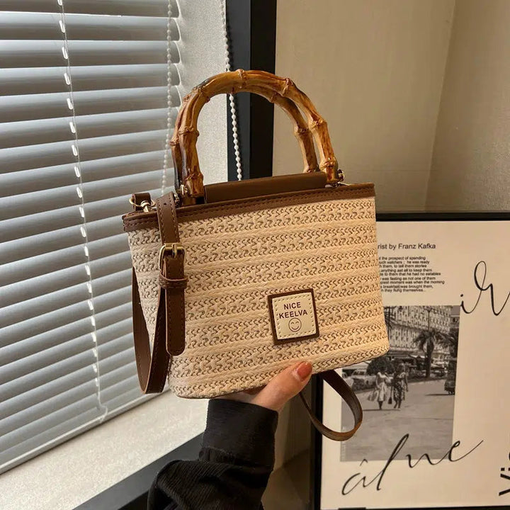 Woven Straw Bamboo Handle Bucket Bag