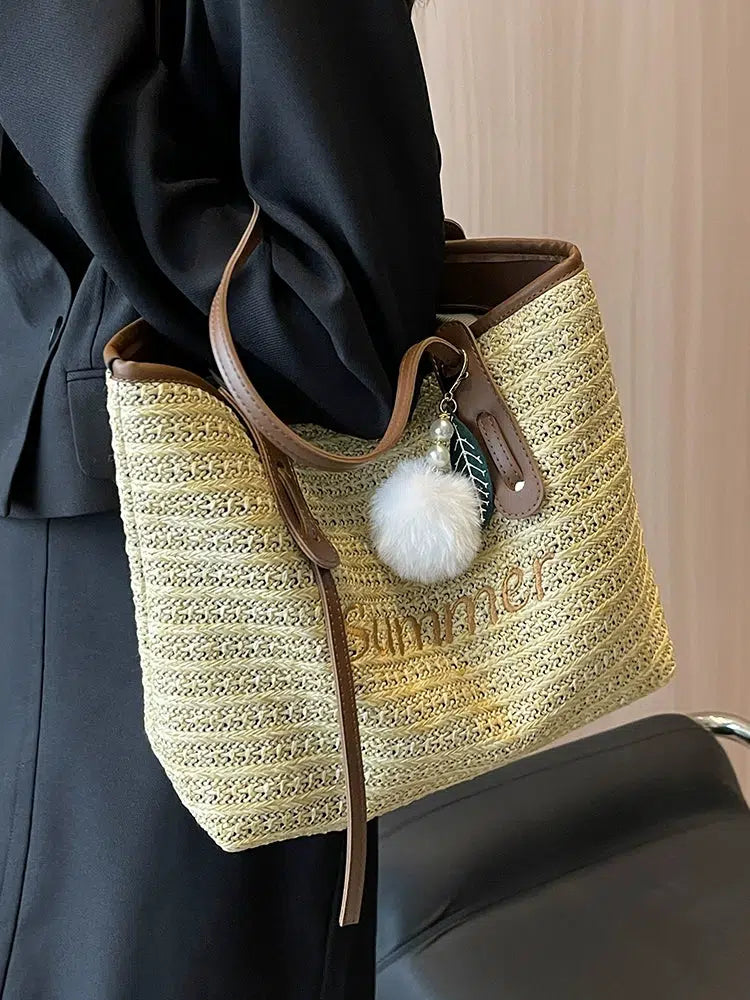 Woven Straw Bucket Shoulder Bag