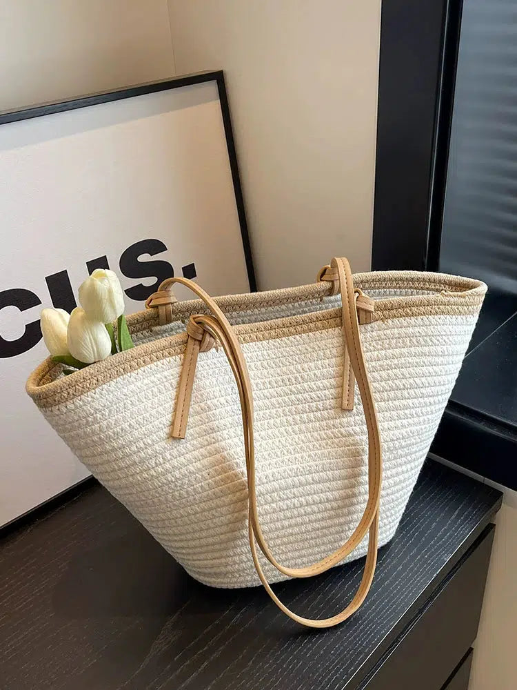Woven Straw Leather Straps Tote Bag