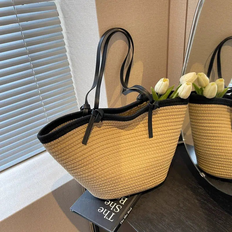 Woven Straw Leather Straps Tote Bag