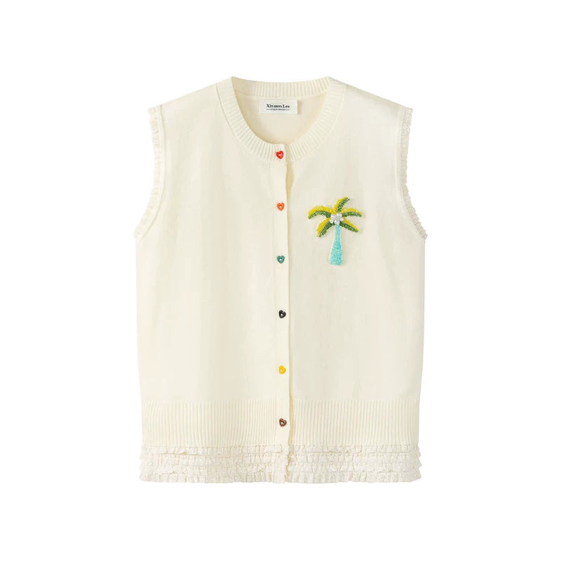 1087578:30155,6186339251968,1087578:30155,6186339251969,1087578:30155,6186339251970,6186339251968,6186339251969,6186339251970, Sleeveless Knit Vest with Palm Tree Embellishment