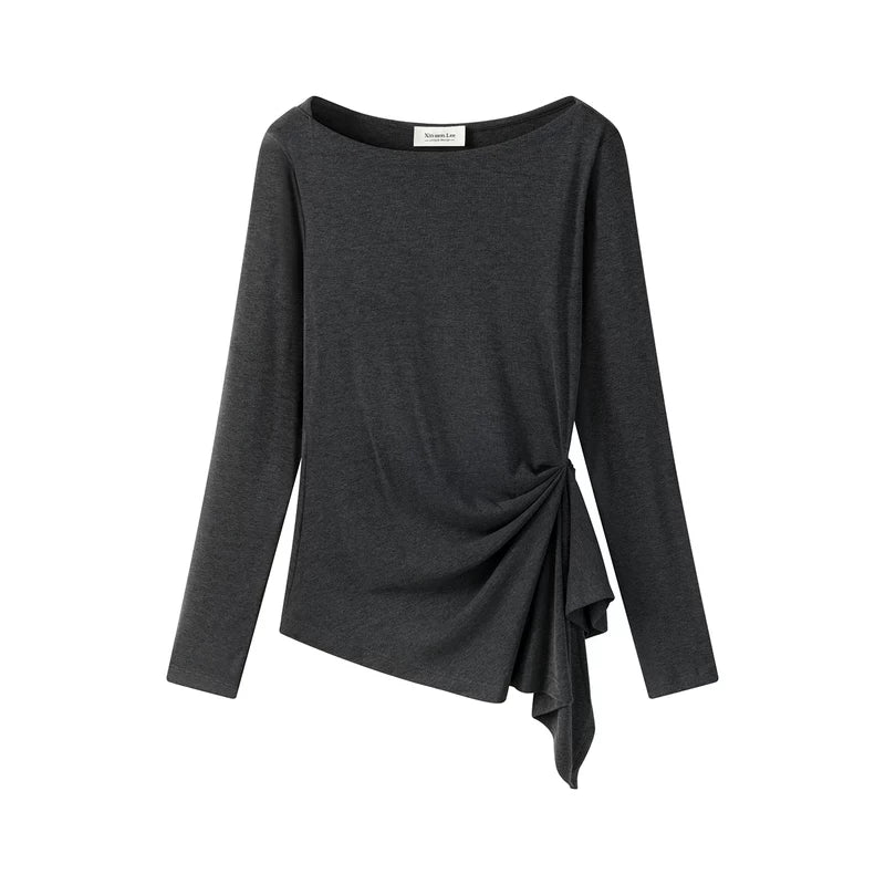25963:40949591,6021345029146,25963:40949591,6021345029147,6021345029146,6021345029147, Asymmetrical Knot Front Long Sleeve Pullover Top