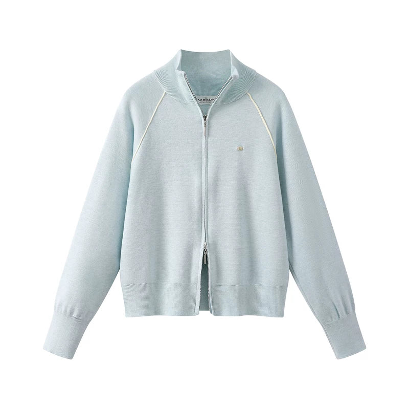 25119:3266760,6020373764588,25119:3266760,6020373764589,6020373764588,6020373764589, Zip Front Knit Stand Collar Sweatshirt