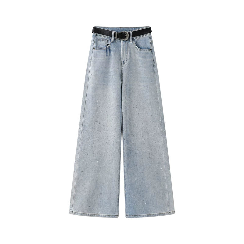 6022076229994,6022076229995,6022076229996,6022076229997, High-Waisted Rhinestone Wide-Leg Denim Pants