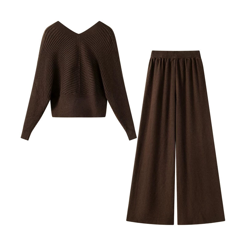 V-Neck Knit Sweater and Wide-Leg Pants Set 2
