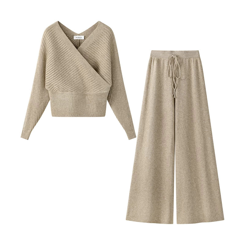 1627207:28331,6015092421590,1627207:28331,6015092421591,6015092421590,6015092421591, V-Neck Knit Sweater and Wide-Leg Pants Set