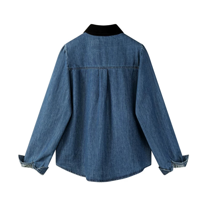 Bow Tie Denim Shirt with Contrast Collar 2