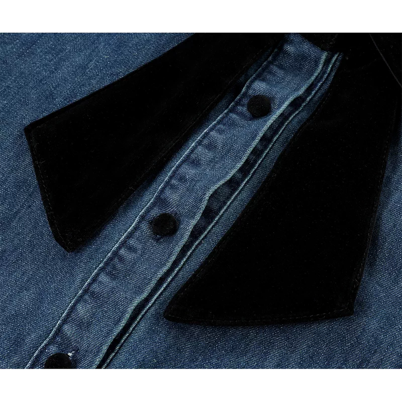 Bow Tie Denim Shirt with Contrast Collar 3