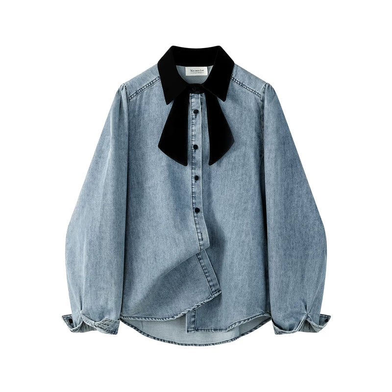 6197056919094,6197056919095, Bow Tie Denim Shirt with Contrast Collar