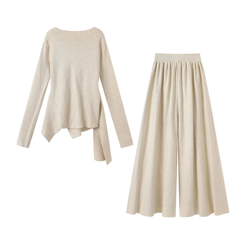 Side-Knot Knit Top and Wide-Leg Pants Set 2