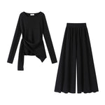 1627207:28341,6006228161104,1627207:28341,6006228161105,6006228161104,6006228161105, Side-Knot Knit Top and Wide-Leg Pants Set