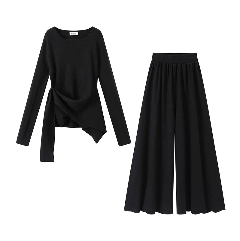 1627207:28341,6006228161104,1627207:28341,6006228161105,6006228161104,6006228161105, Side-Knot Knit Top and Wide-Leg Pants Set