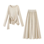 1627207:383182319,6006228161107,1627207:383182319,6006228161106,6006228161107,6006228161106, Side-Knot Knit Top and Wide-Leg Pants Set