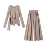 1627207:28331,6006228161108,1627207:28331,6006228161109,6006228161108,6006228161109, Side-Knot Knit Top and Wide-Leg Pants Set