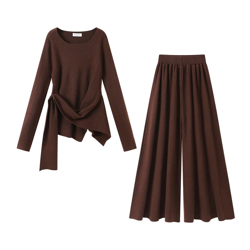 1627207:129819,6006228161110,1627207:129819,6006228161111,6006228161110,6006228161111, Side-Knot Knit Top and Wide-Leg Pants Set