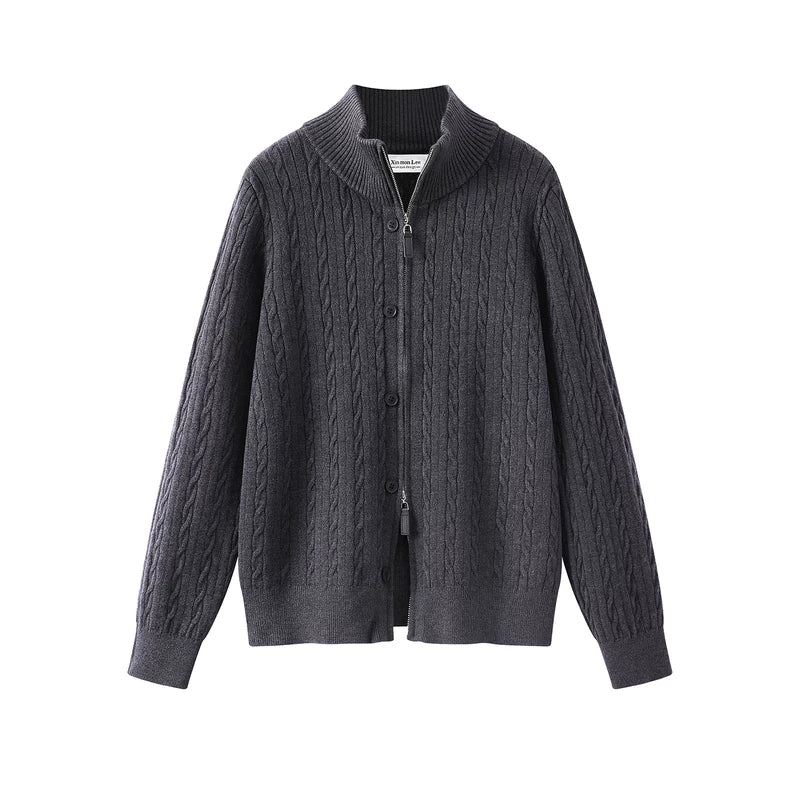 1627207:28334,6183406487056,1627207:28334,6183406487055,6183406487056,6183406487055, Cable Knit Stand Collar Zip Cardigan Sweater