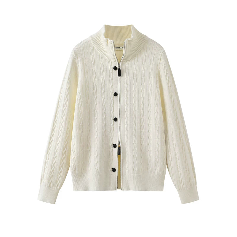 1627207:30155,6183406487059,1627207:30155,6183406487060,6183406487059,6183406487060, Cable Knit Stand Collar Zip Cardigan Sweater
