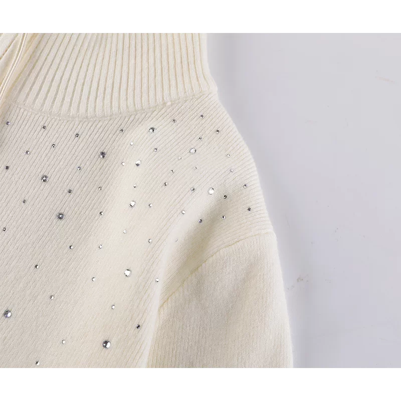Rhinestone Knit Zip Cardigan Stand Collar Sweater 3