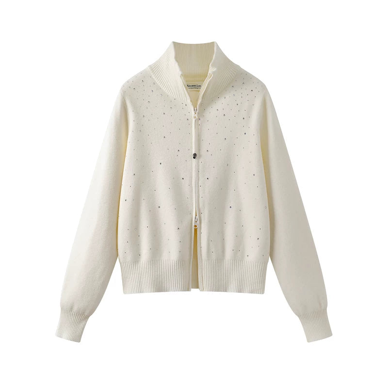 6188452655250,6188452655251, Rhinestone Knit Zip Cardigan Stand Collar Sweater