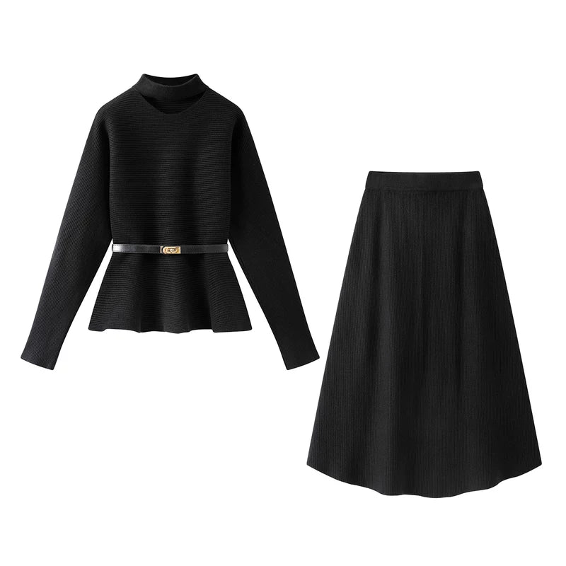 1627207:28341,6015611069416,1627207:28341,6015611069415,1627207:28341,6015611069414,6015611069416,6015611069415,6015611069414, Knit Peplum Sweater and A-Line Skirt Set