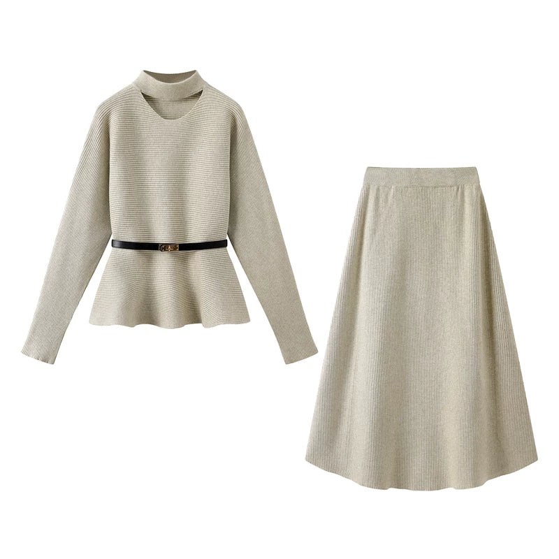 1627207:3309937,6015611069420,1627207:3309937,6015611069422,1627207:3309937,6015611069421,6015611069420,6015611069422,6015611069421, Knit Peplum Sweater and A-Line Skirt Set