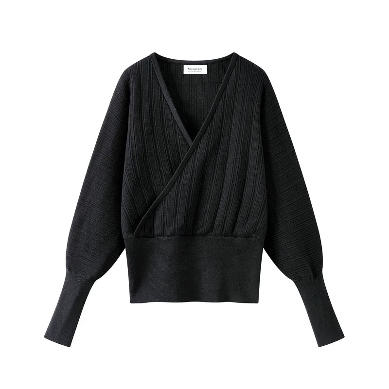 6022075265577,6022075265578, Striped Crossover V-Neck Knit Sweater