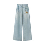 Wide Leg Denim Pants with Dog Embroidery 2