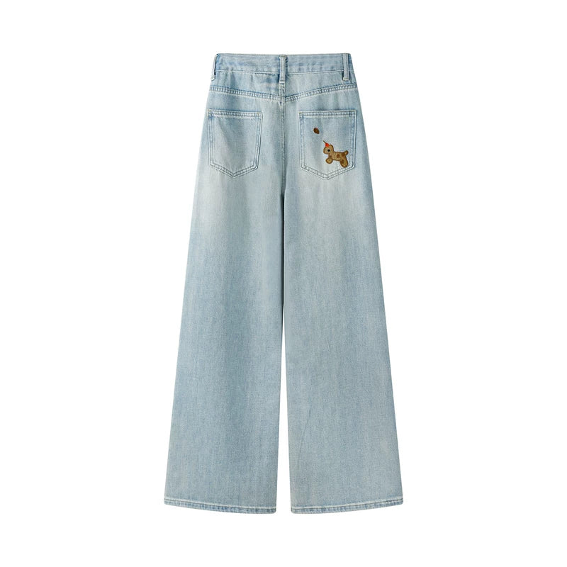 Wide Leg Denim Pants with Dog Embroidery 2