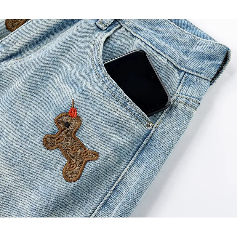 Wide Leg Denim Pants with Dog Embroidery 4