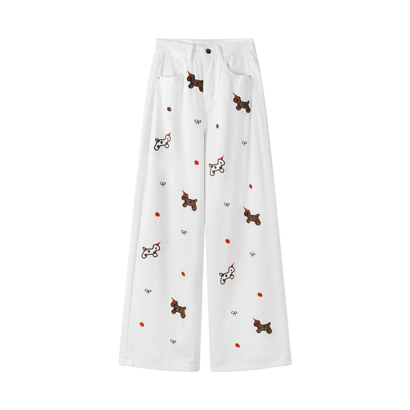 6026567672358,6026567672359,6026567672360,6026567672361, Wide Leg Denim Pants with Dog Embroidery