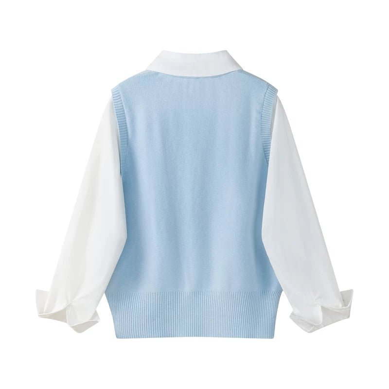 Knit Faux Layered Collared Pullover Shirt Top 2