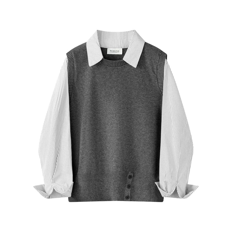 6191884967540,6191884967541, Knit Faux Layered Collared Pullover Shirt Top