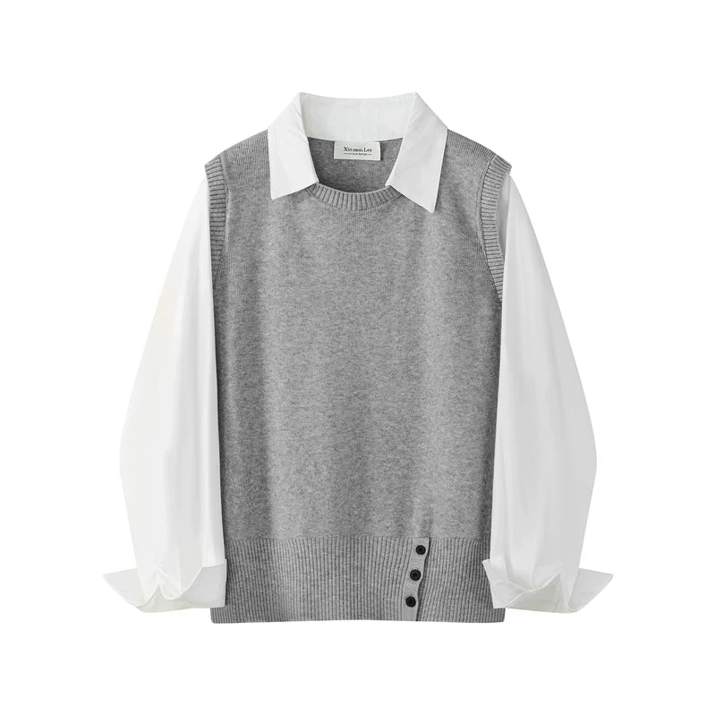 6191884967542,6191884967543, Knit Faux Layered Collared Pullover Shirt Top