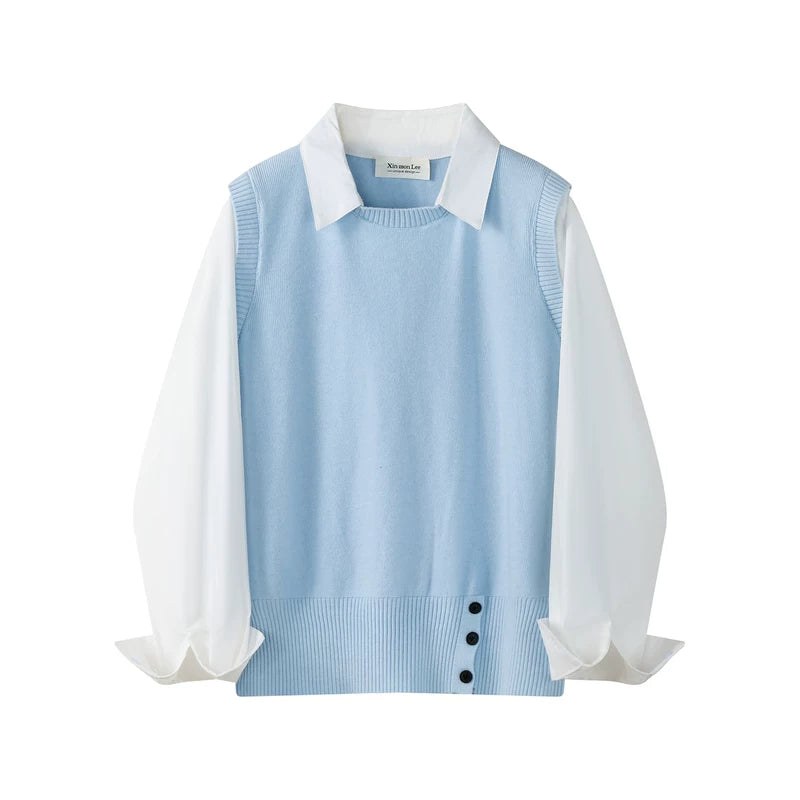 6191884967544,6191884967545, Knit Faux Layered Collared Pullover Shirt Top