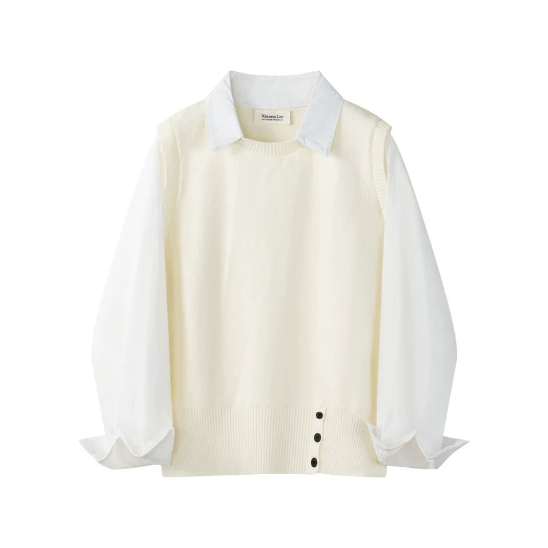 6191884967546,6191884967547, Knit Faux Layered Collared Pullover Shirt Top