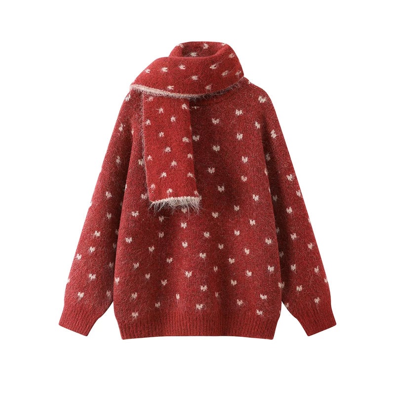 1627207:28326,6176192463305,1627207:28326,6176192463307,1627207:28326,6176192463306,6176192463305,6176192463307,6176192463306, Knit Jacquard Sweater with Matching Scarf